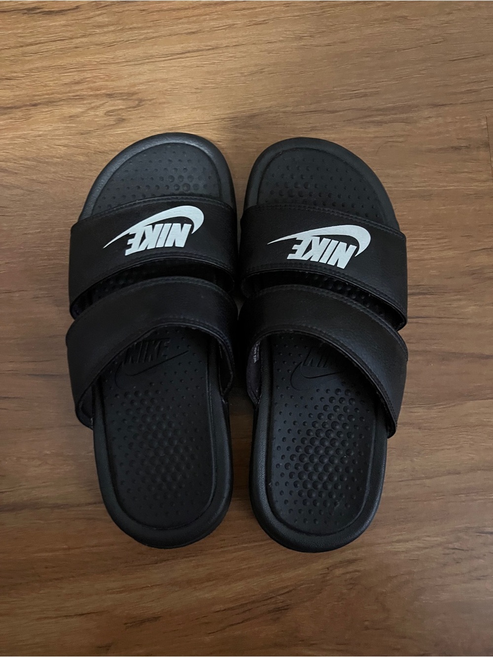Nike Black Youth Double-Strap Slide Sandals with White Logo